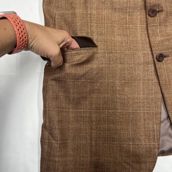 Hickey Freeman Mens 44L Brown Silk Linen Wool Plaid Sport Coat Jacket Blazer - Picture 7 of 16